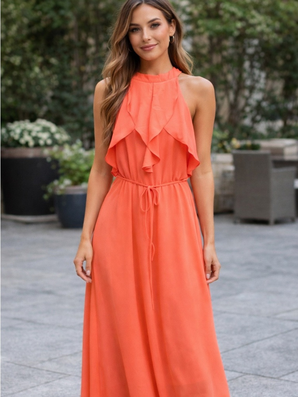 Sleeveless Ruffle Halter Maxi Dress in Coral